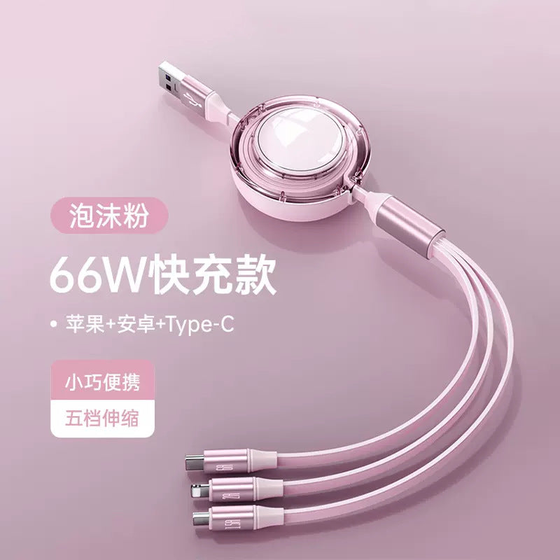 3A charging retractable one-to-three data cable pulling flat fruit Android multi-function charging cable type-c portable