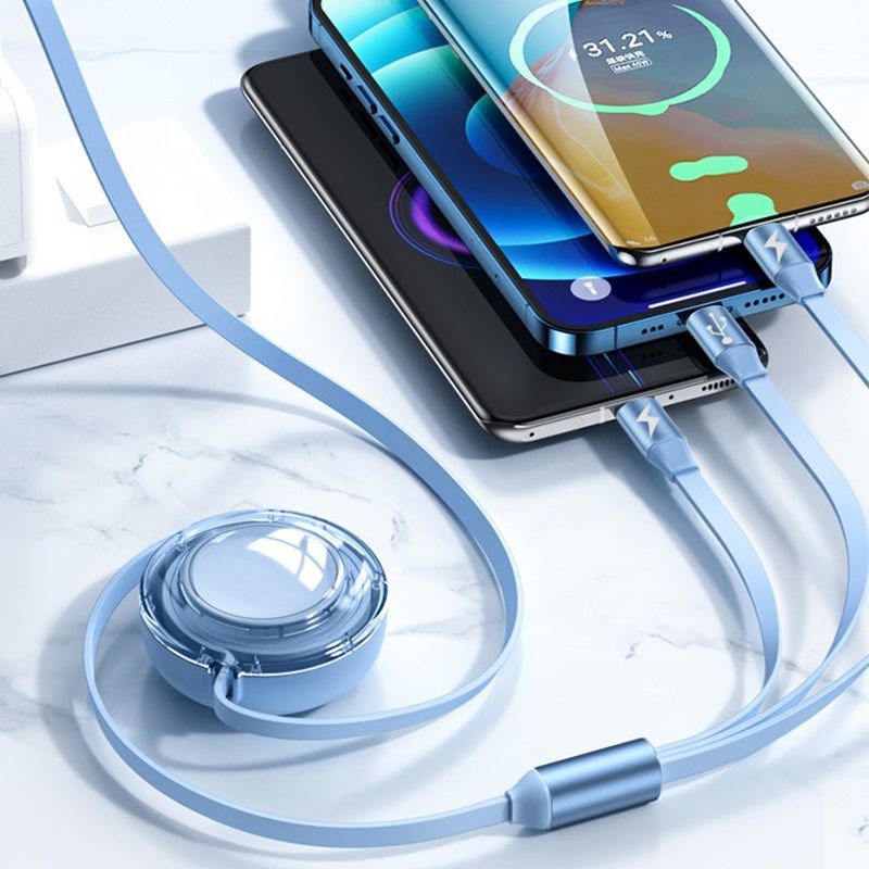 3A charging retractable one-to-three data cable pulling flat fruit Android multi-function charging cable type-c portable